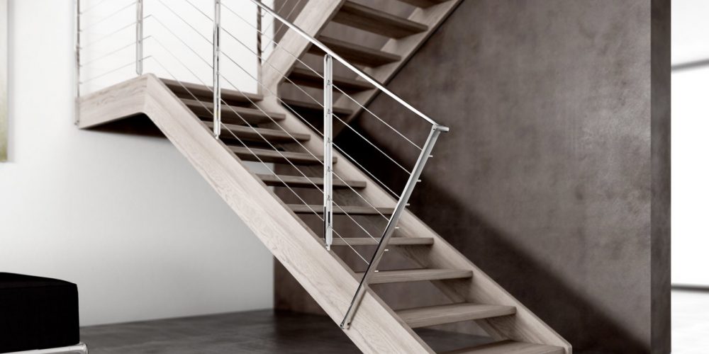 Wooden Staircase Jamar Lumber 2R-GLE, Stainless steel Railing.