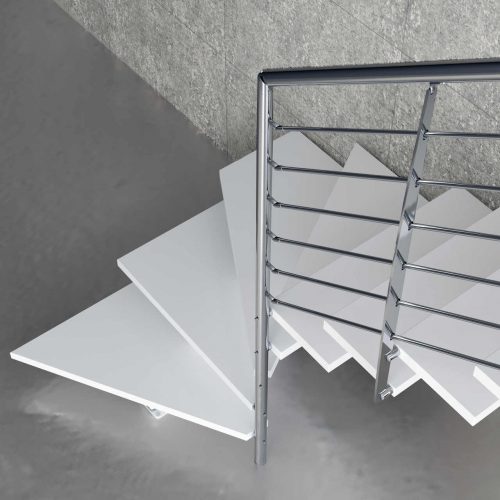 Mono Stringer Staircase Made of wooden Structure, Wooden Steps, Stainless steel Railing, and Stainless steel Grab rail.