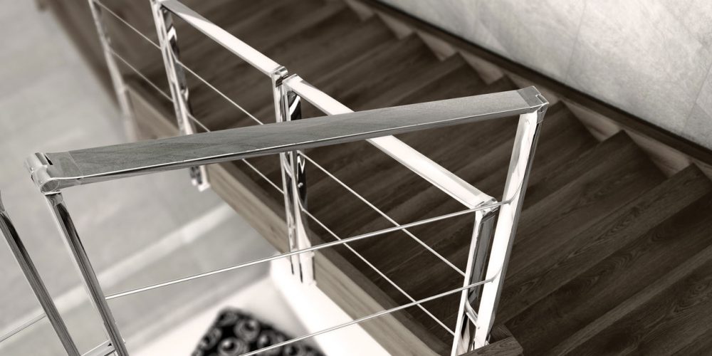 Wooden staircase, stainless steel railing