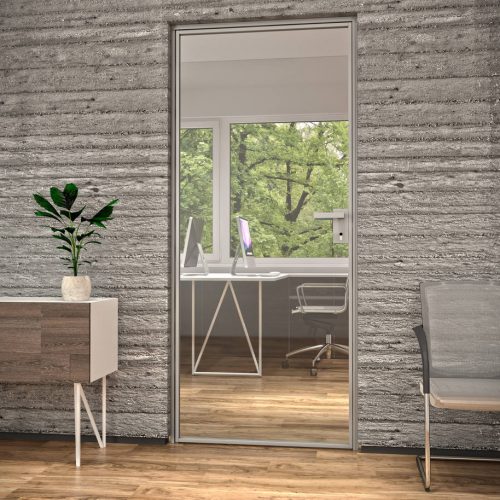 Glass Door, Light Frame, Hinged Glass Panel on rubber seal.